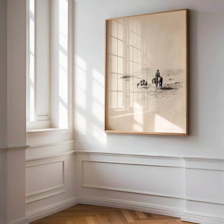 Equestrian wall art with hand-drawn horse silhouette and rustic accents