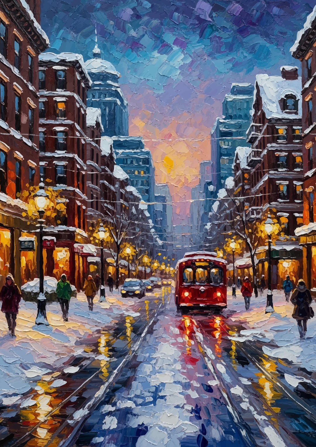 Cosy winter scene of Boston streets, brushwork texture and color