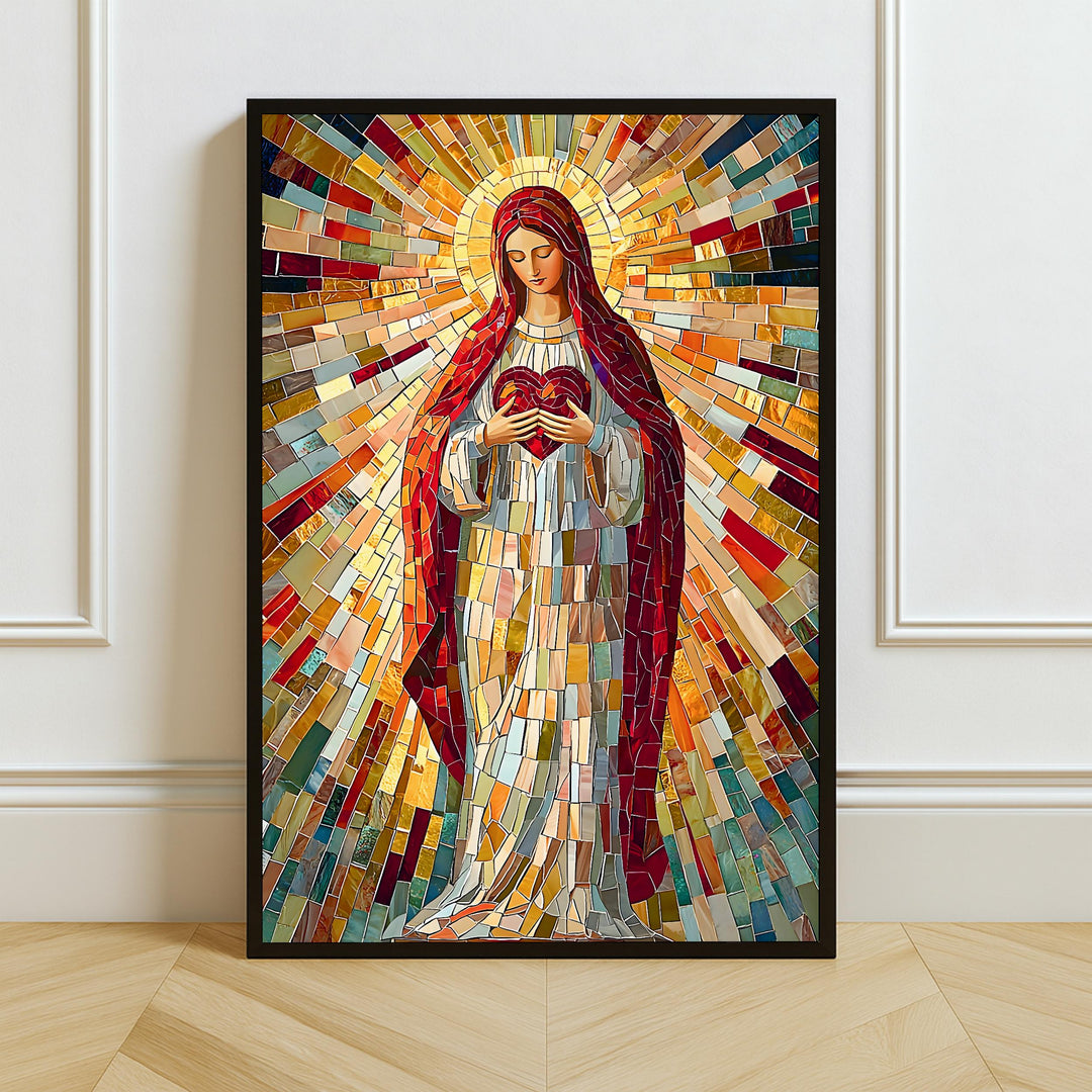 virgin mary mosaic art print with sacred heart motif, warm tones and intricate tesserae