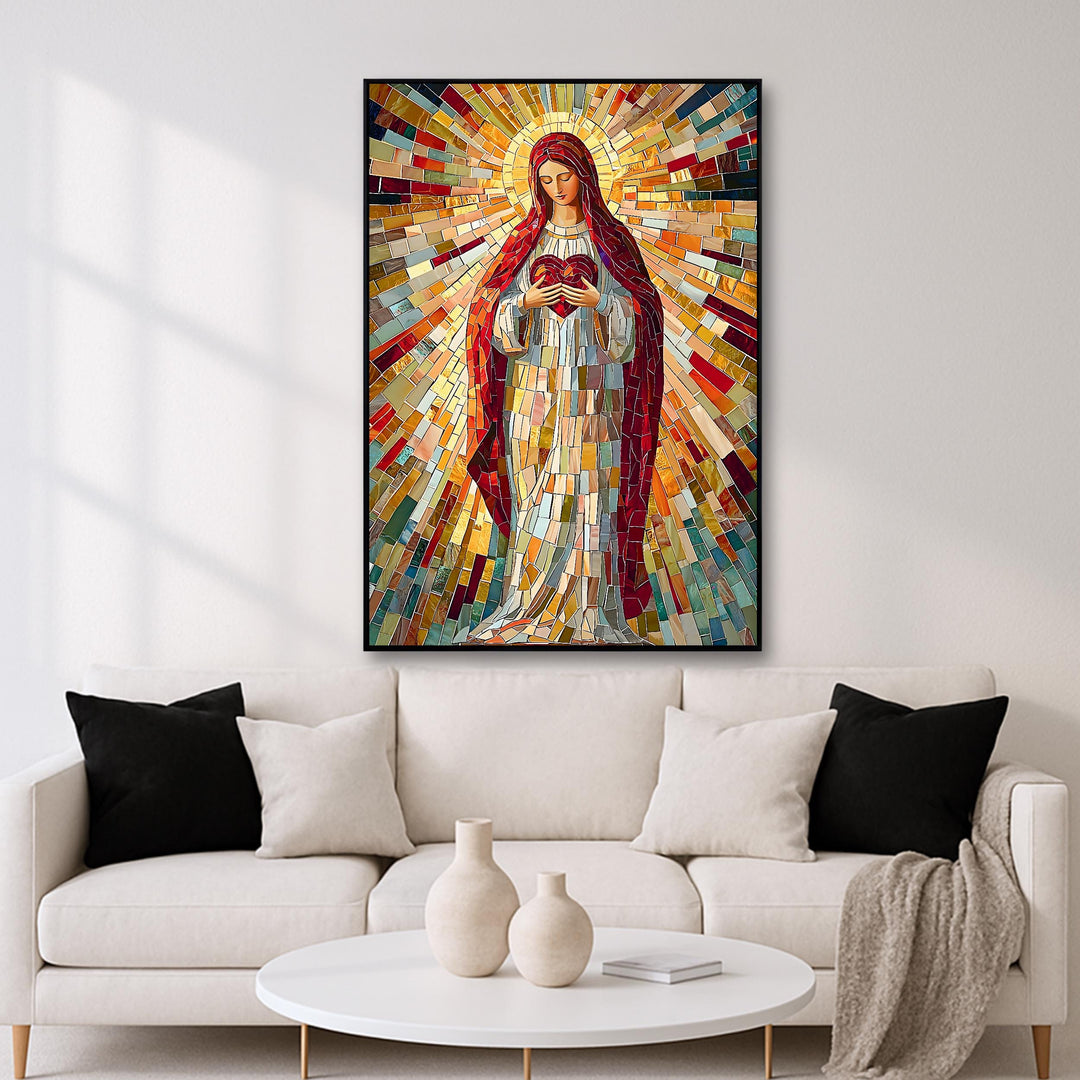 close-up of mary portrait in mosaic design with ornate sacred heart centerpiece
