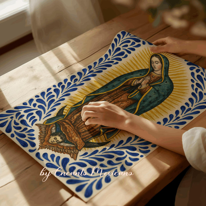 ceramic Talavera panel highlighting Virgen de Guadalupe artwork