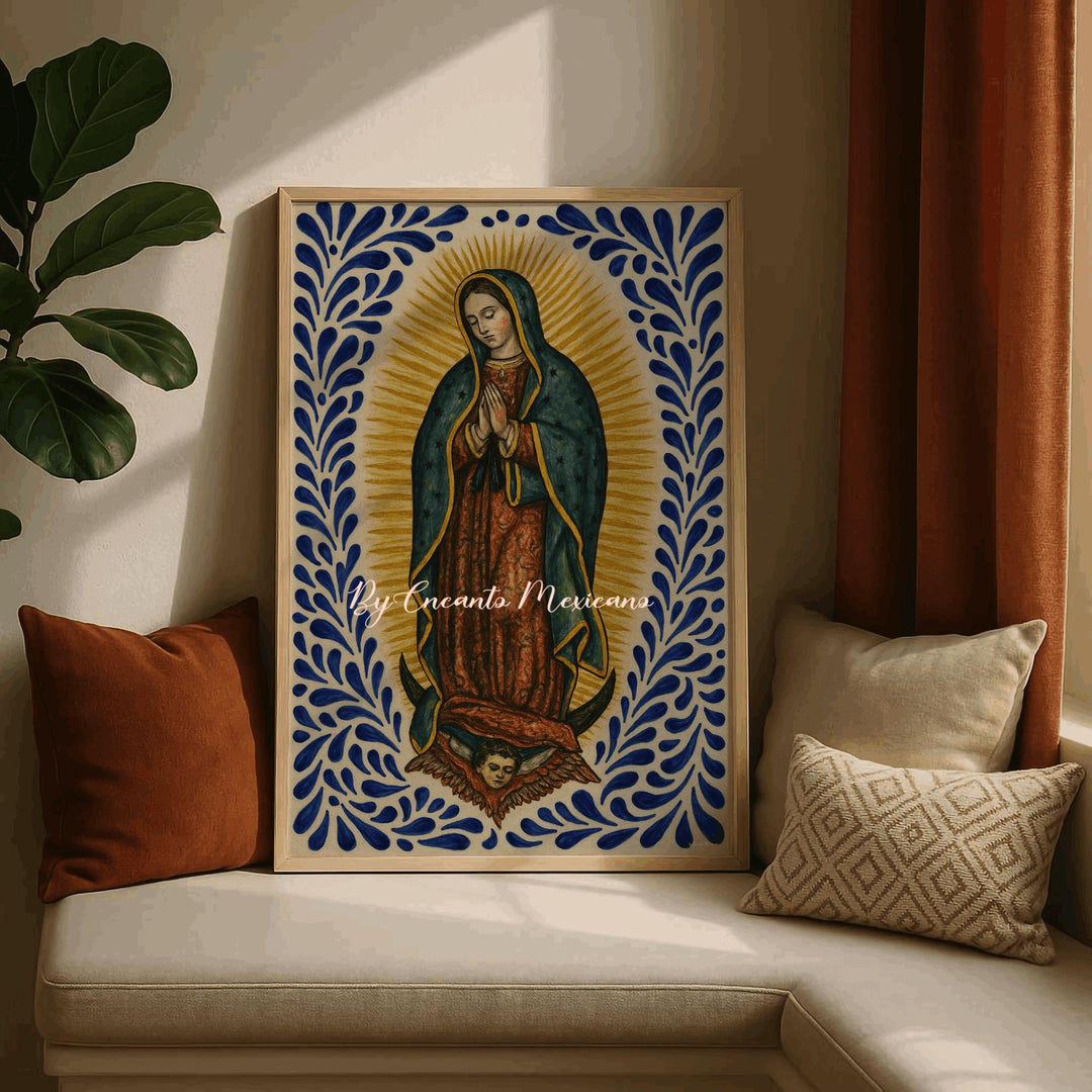 colorful Talavera ceramic wall panel featuring religious motif
