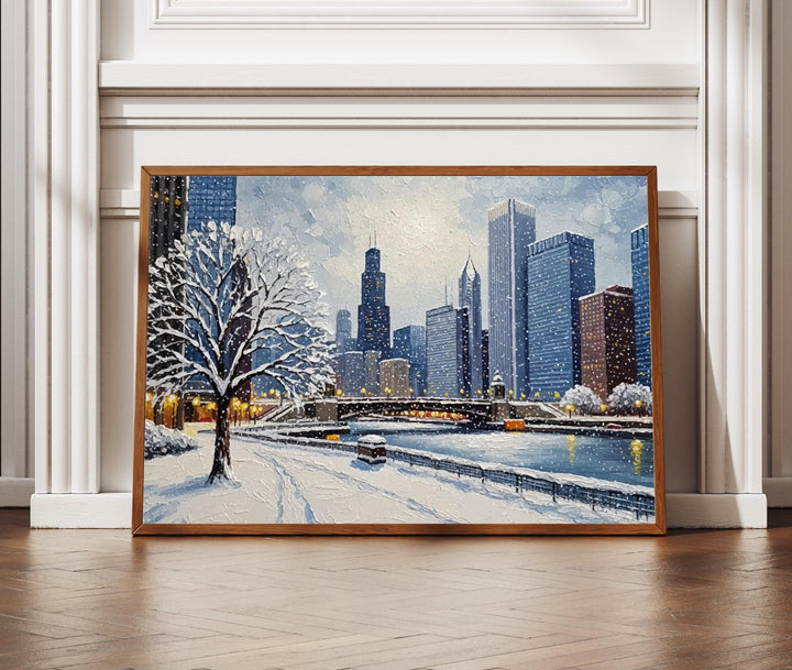 Chicago winter city poster with snowy skyline and oil painting texture