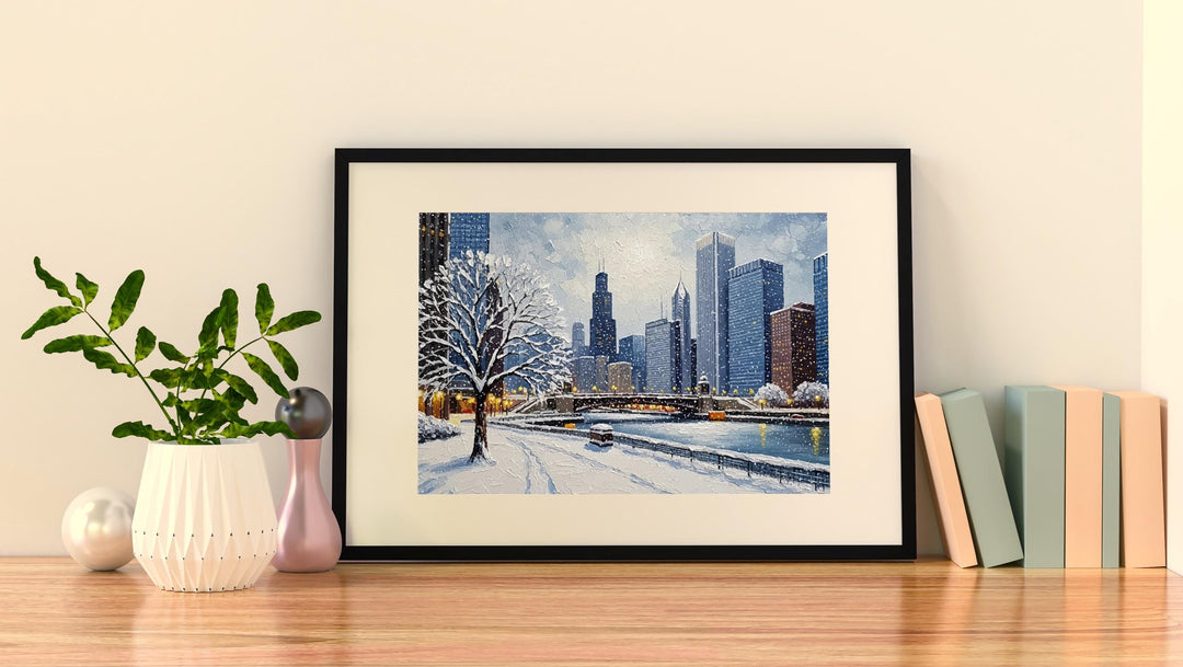 Framing-ready Chicago winter city scene wall art