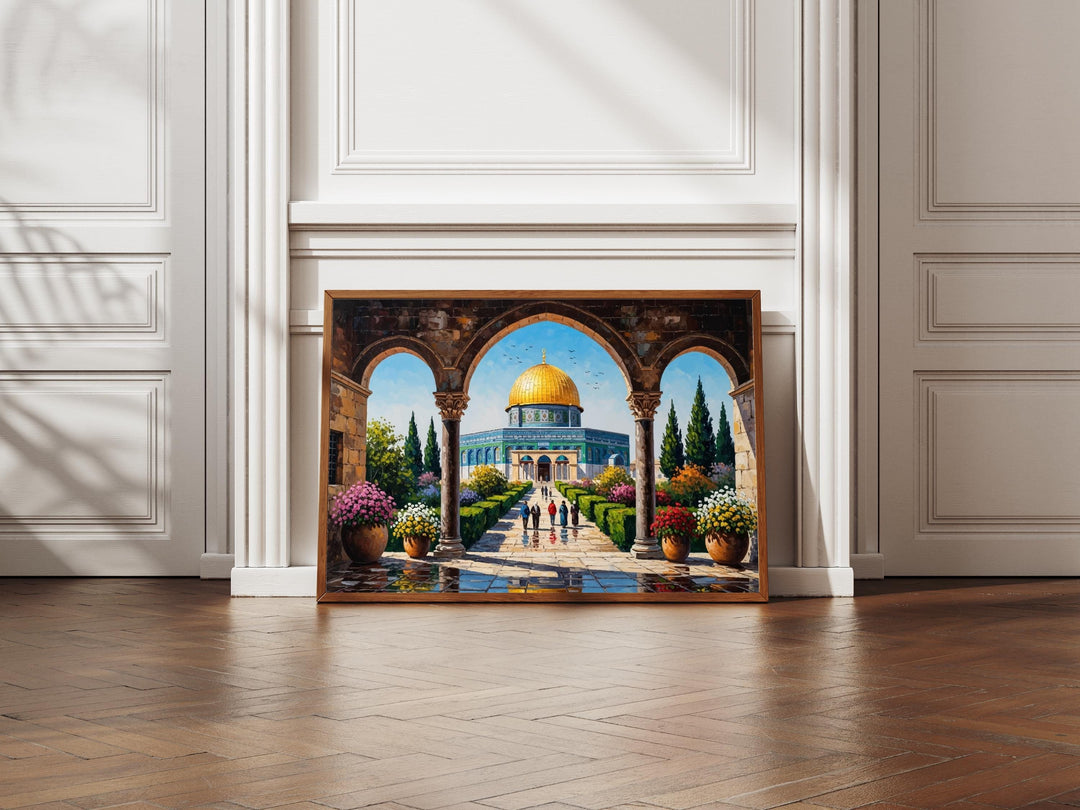 Abstract Islamic wall art Jerusalem Al Aqsa with oil paint texture close-up