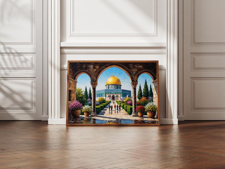 Abstract Islamic wall art Jerusalem Al Aqsa with oil paint texture close-up