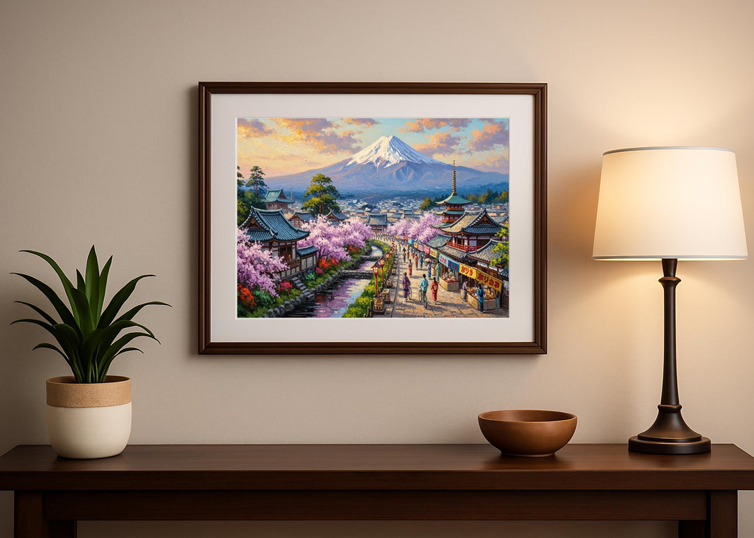 Chureito Pagoda and Mt Fuji silhouette in pastel landscape