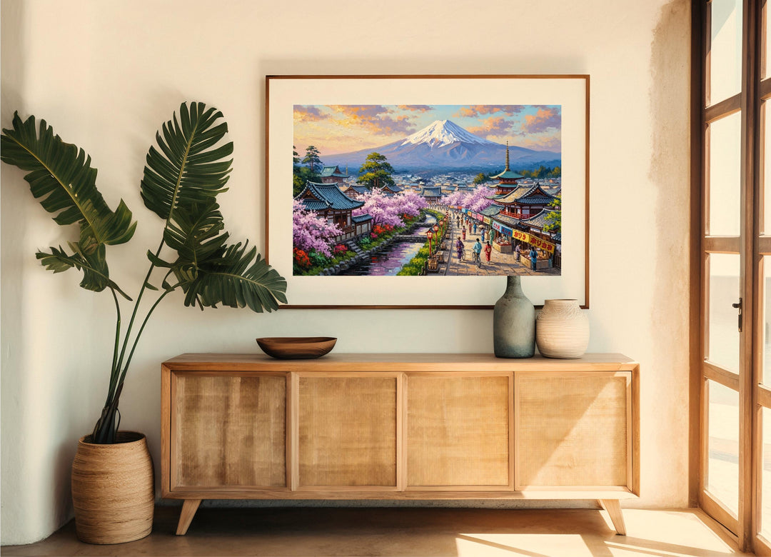 Pastel-toned Mount Fuji landscape with distant pagodas art print