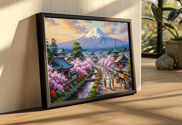 Japanese landscape art with Mount Fuji and pagodas on canvas look
