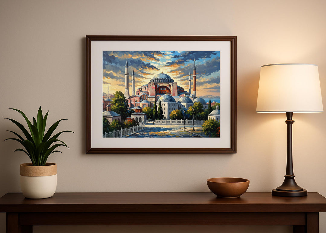 Islamic wall decor with domes and minarets in warm tones