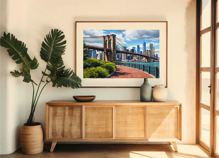 Modern cityscape wall decor featuring Brooklyn Bridge