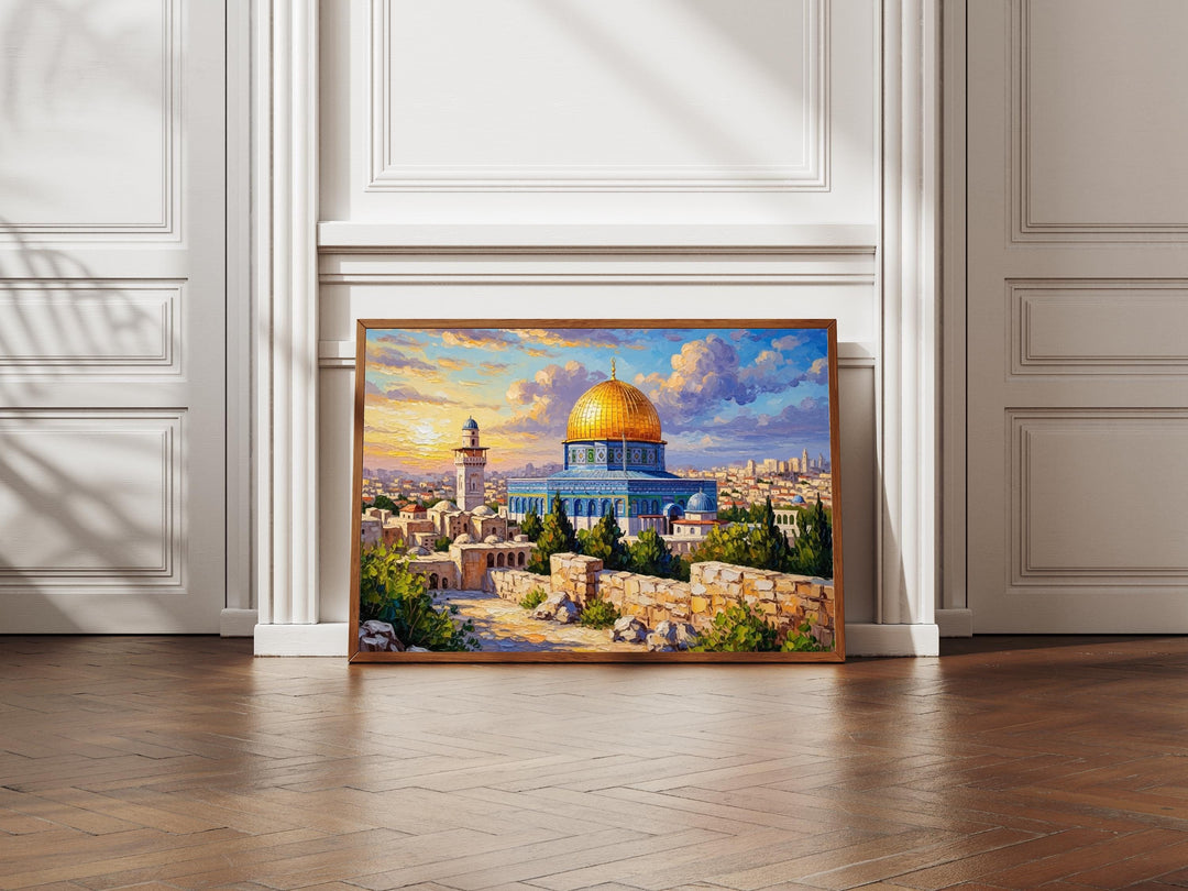 Jerusalem Islamic architecture artwork – warm tones and brush texture