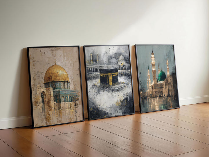 Three-panel wall art set showing Mecca, Medina and Jerusalem in warm, refined tones