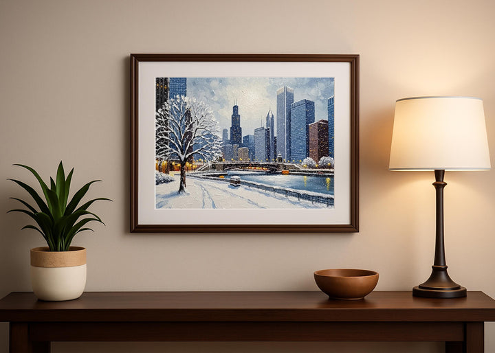 Downtown Chicago lit streets with snowfall wall art print