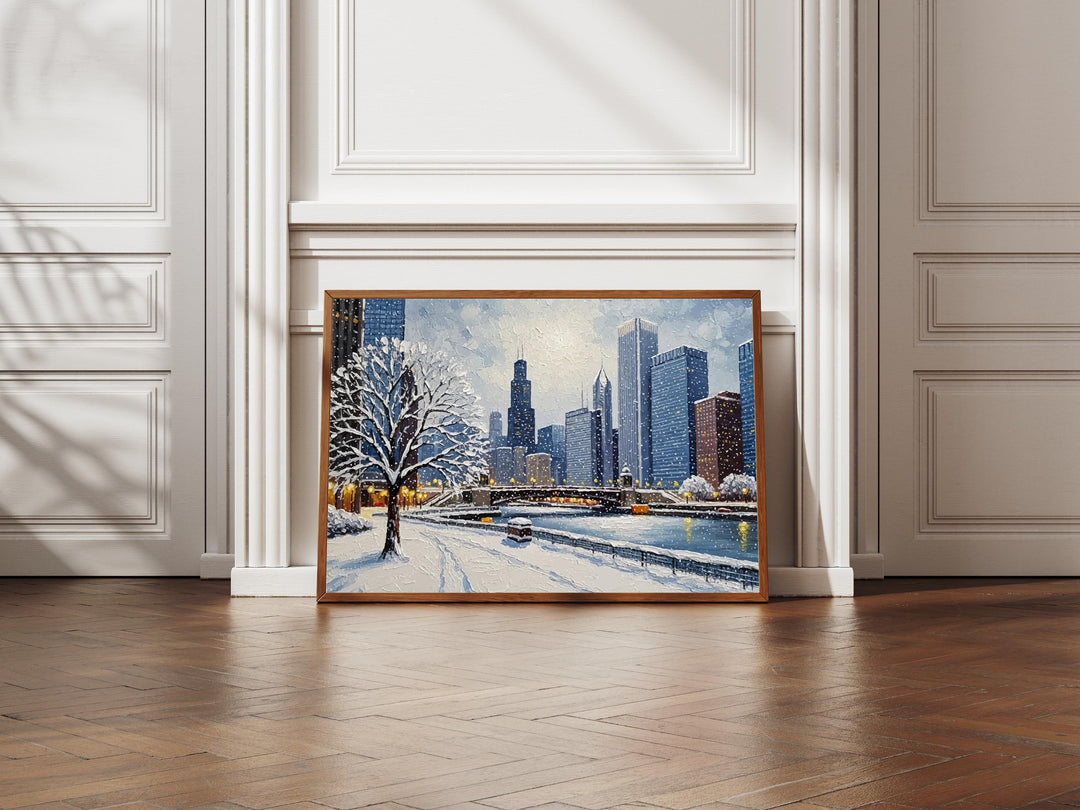 Snowy Chicago skyline at dusk in textured wall art poster