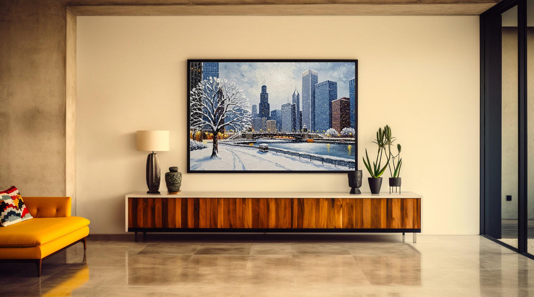 High-rise skyline in oil-painting texture on winter poster