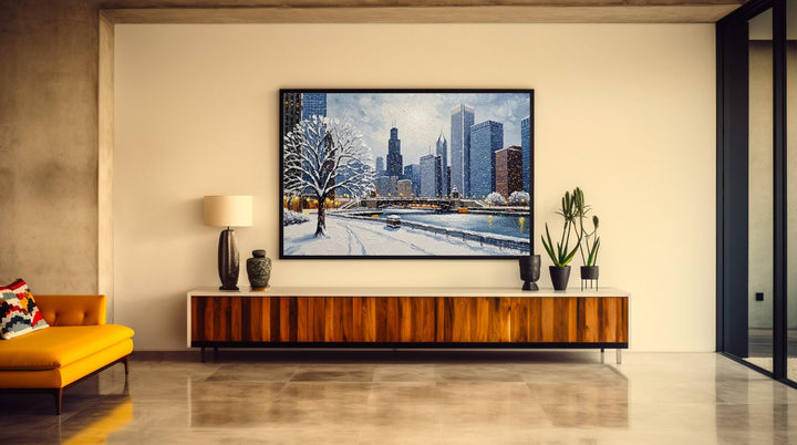 High-rise skyline in oil-painting texture on winter poster