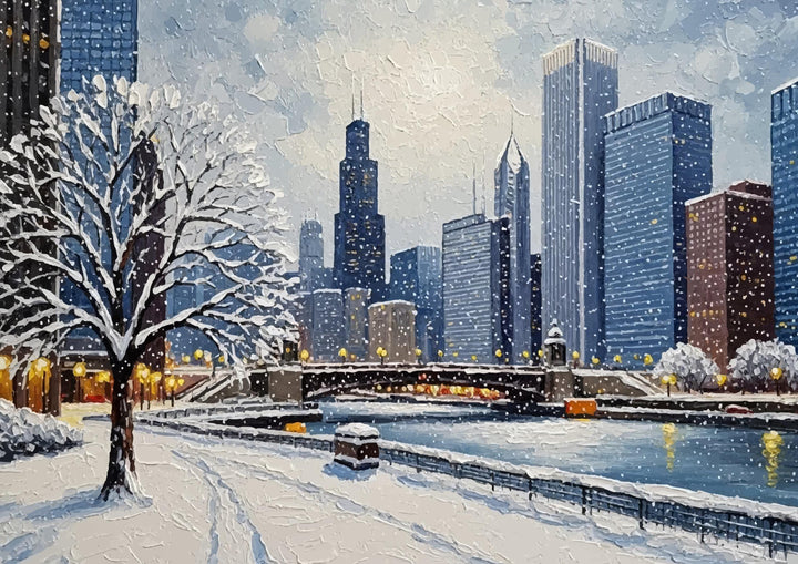 Elegant winter cityscape poster showcasing texture and glow