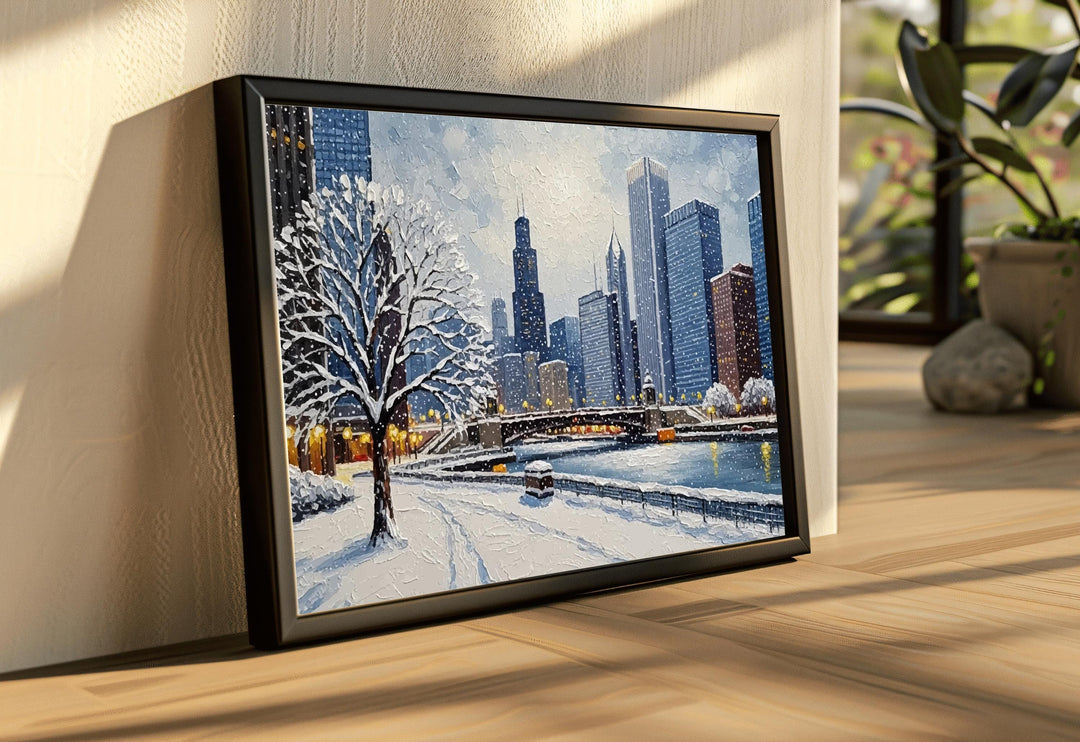 Close-up of brushwork in winter city oil painting style poster