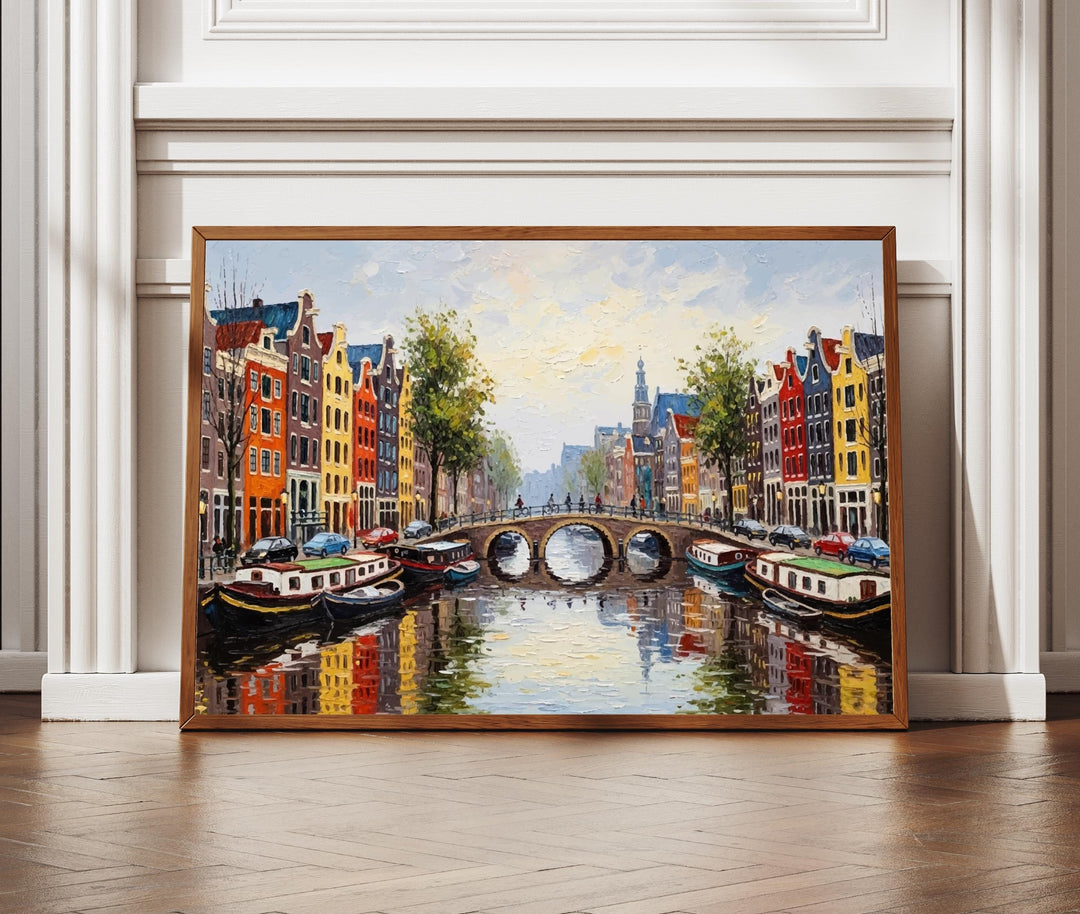 Amsterdam canal houses along water with oil painting texture