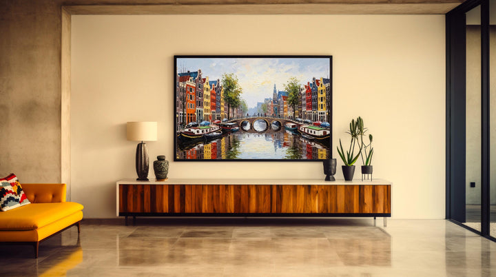Close-up brushwork texture on Amsterdam city scene
