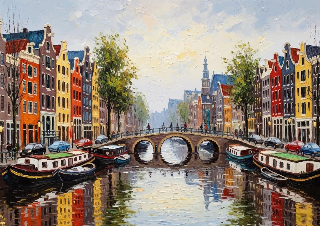 Bright and lively European cityscape wall art for home