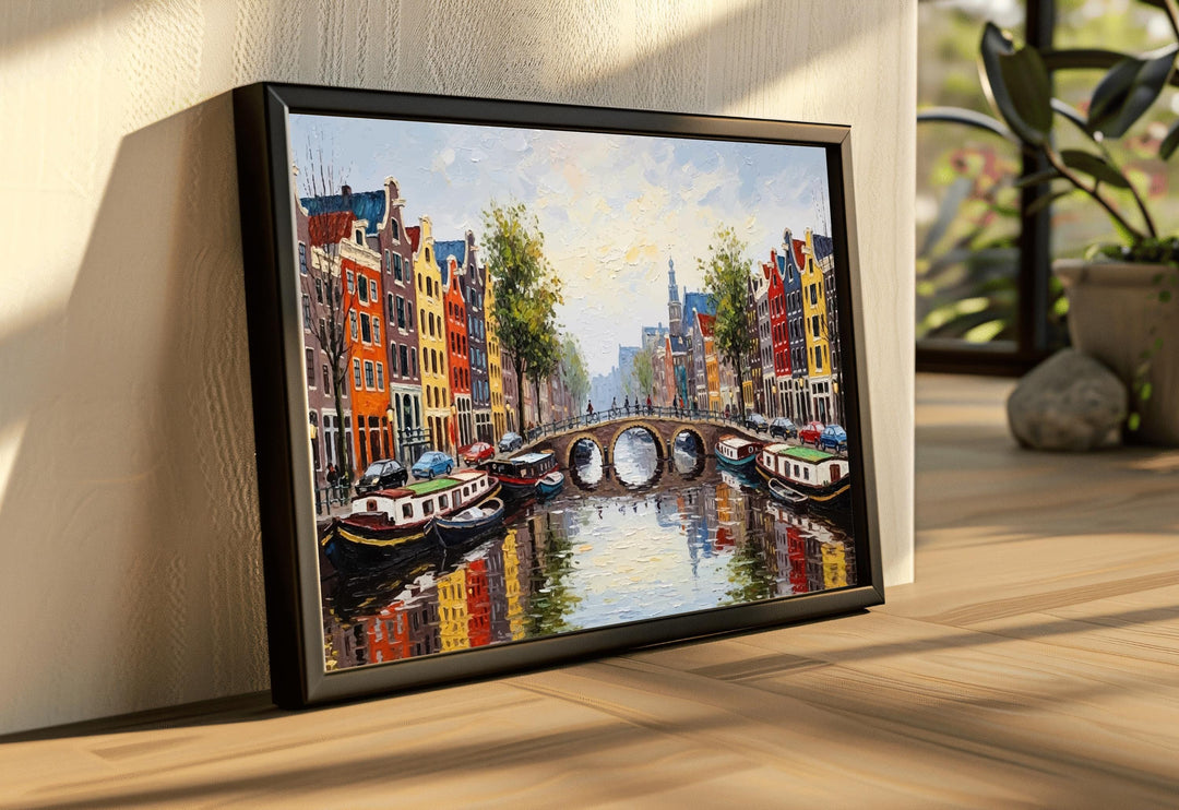 Bridge view and bicycles over canal in vibrant wall art