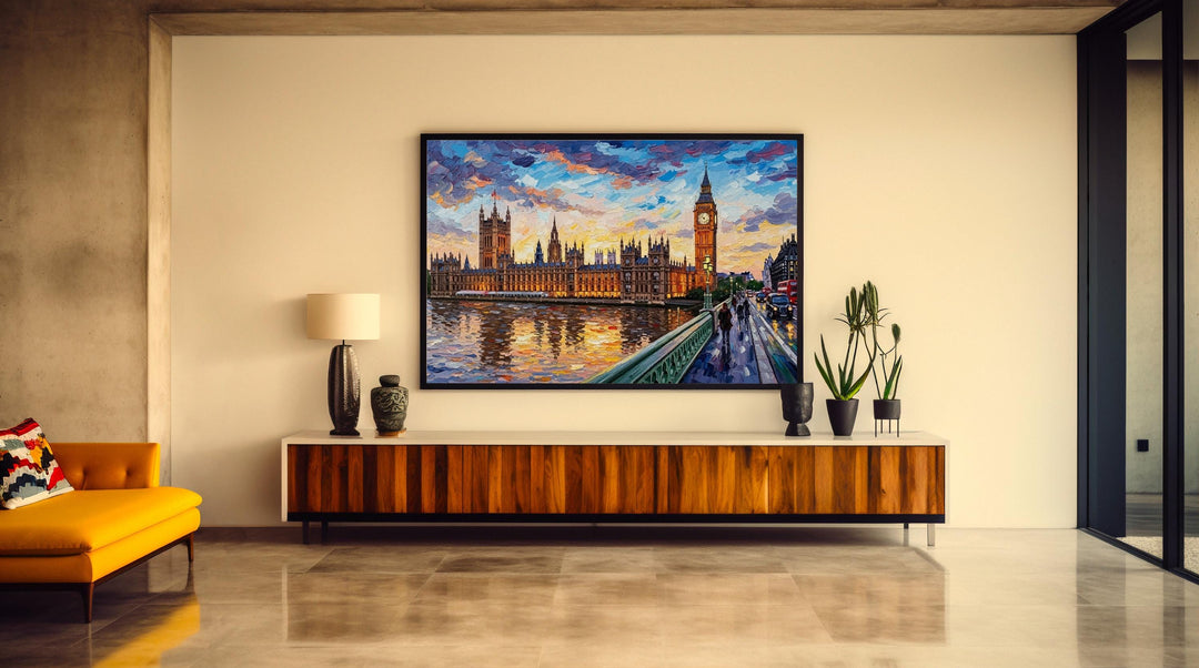 London cityscape print with warm oil-paint style