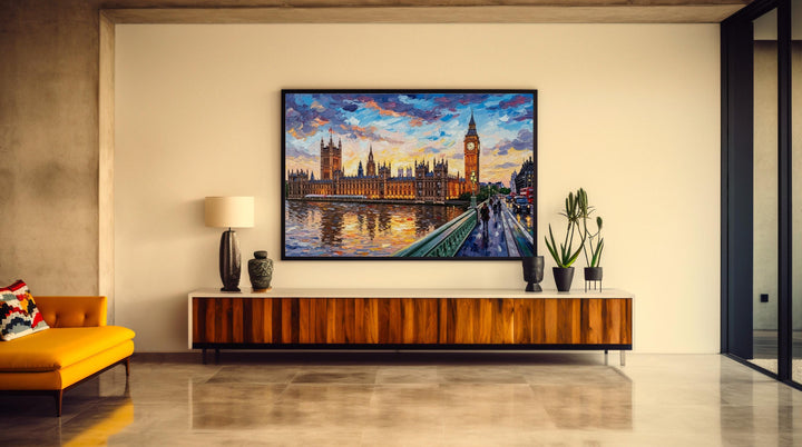 London cityscape print with warm oil-paint style