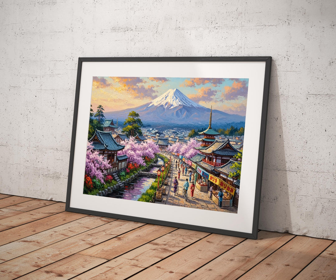 Zen-inspired wall art showing mountain and pagoda on canvas-style finish
