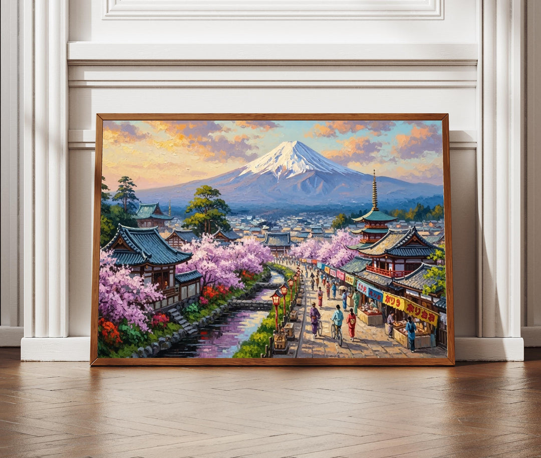 Kyoto Mount Fuji landscape with Chureito Pagoda, textured oil finish