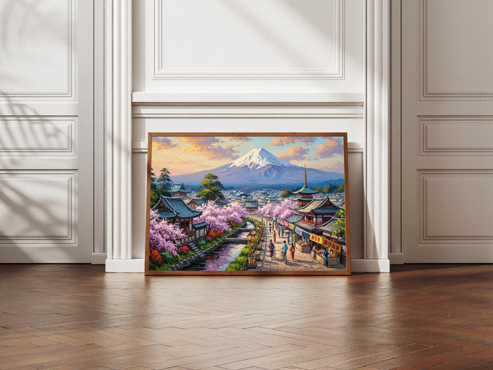 Fuji peak over serene temple under soft sky in oil texture style