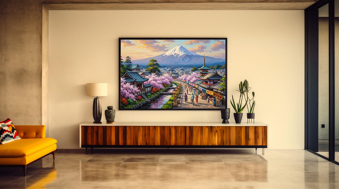 Brush-stroke texture landscape featuring Fuji and temple complex