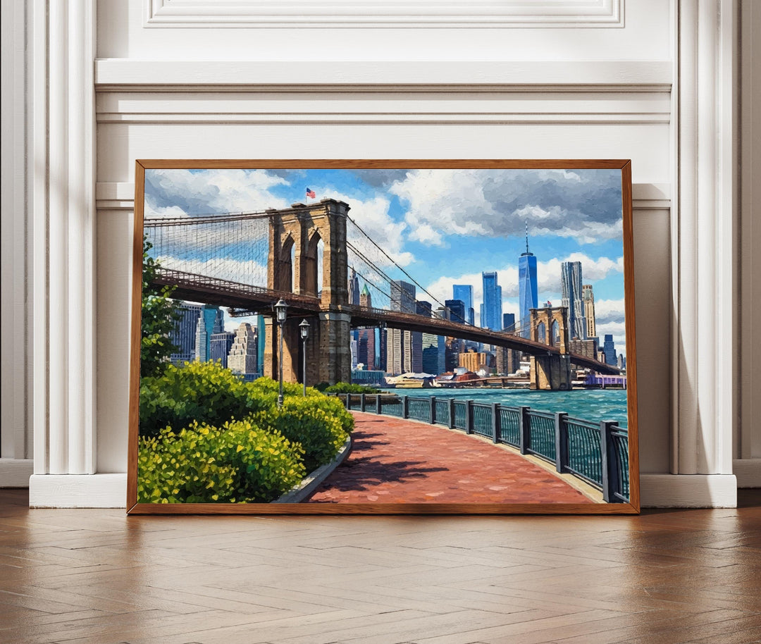 Brooklyn Bridge with NYC skyline, textured oil-painting style wall art