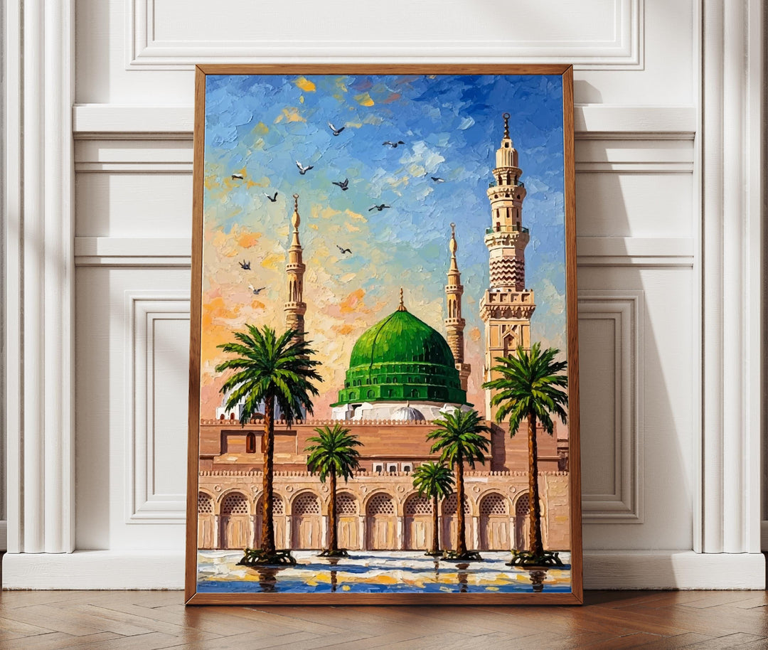 Masjid an-Nabawi wall art with Green Dome in rich greens and gold accents