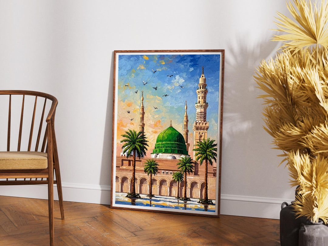 Warm olive and emerald tones dominate the Masjid Nabawi wall art