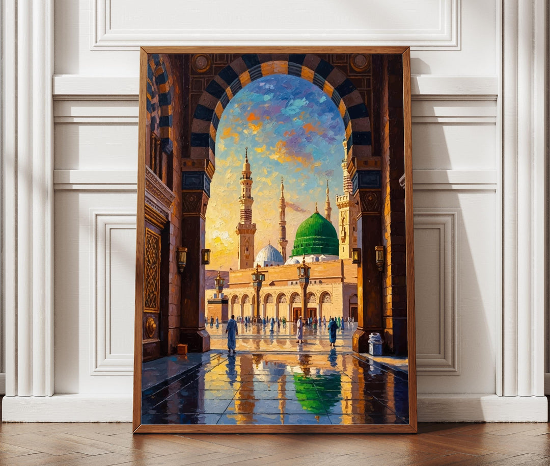 Masjid an-Nabawi wall art with Green Dome Medina in textured oil painting style