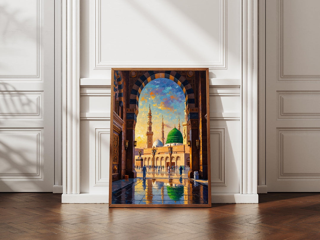 Green Dome Medina mosque depicted in premium canvas print with brush texture