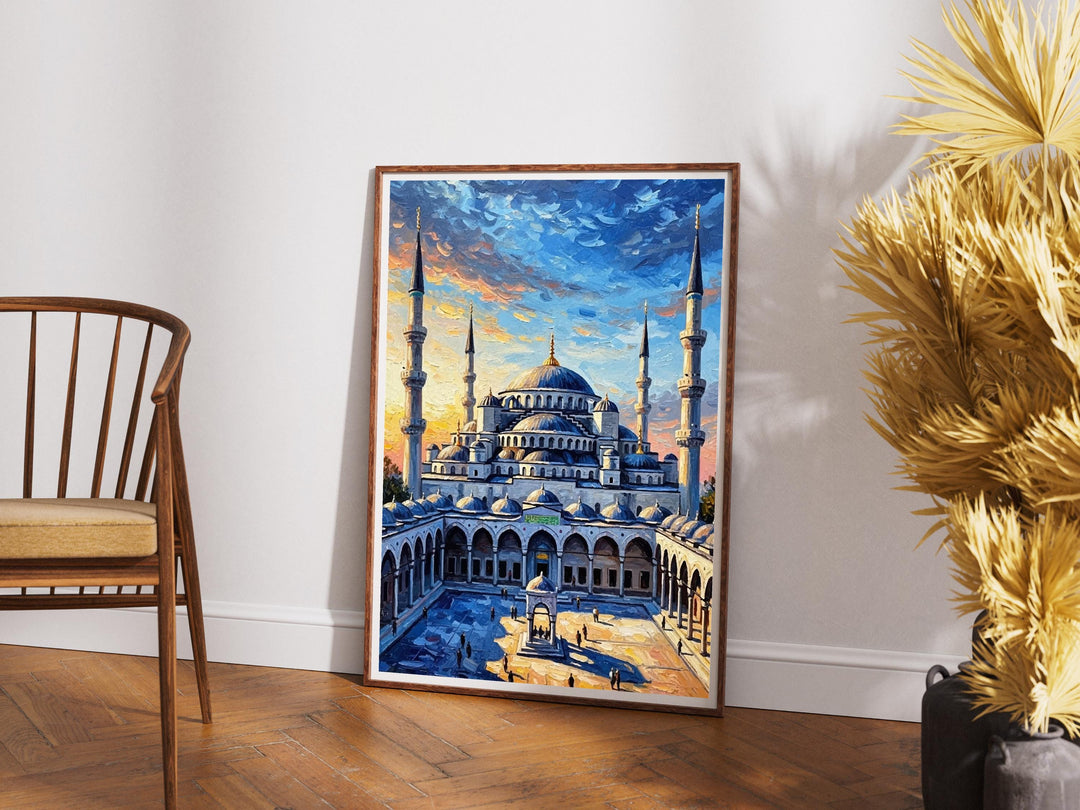Painterly view of mosque arches and skyline in decorative wall art