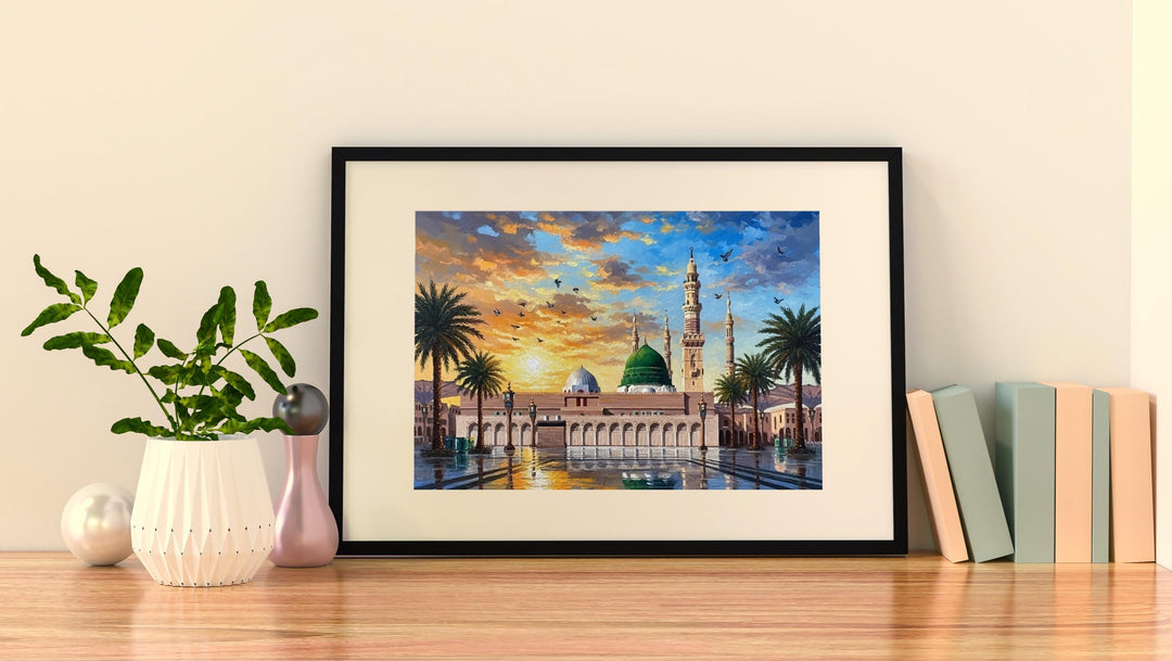 Medina travel wall art with tranquil mosque scene