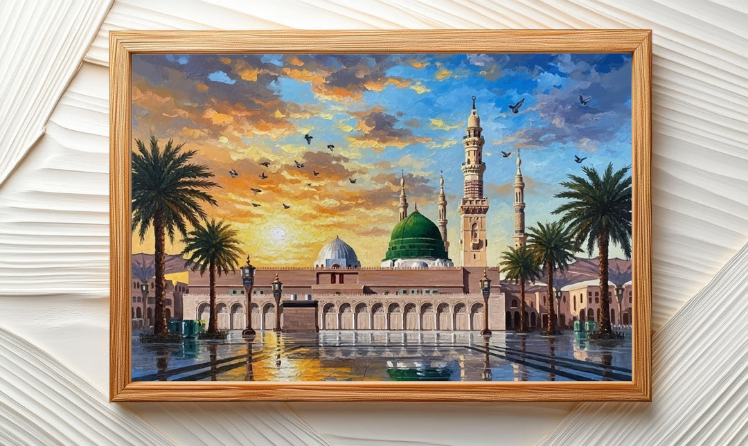 Green dome and minarets focal point in oil painting