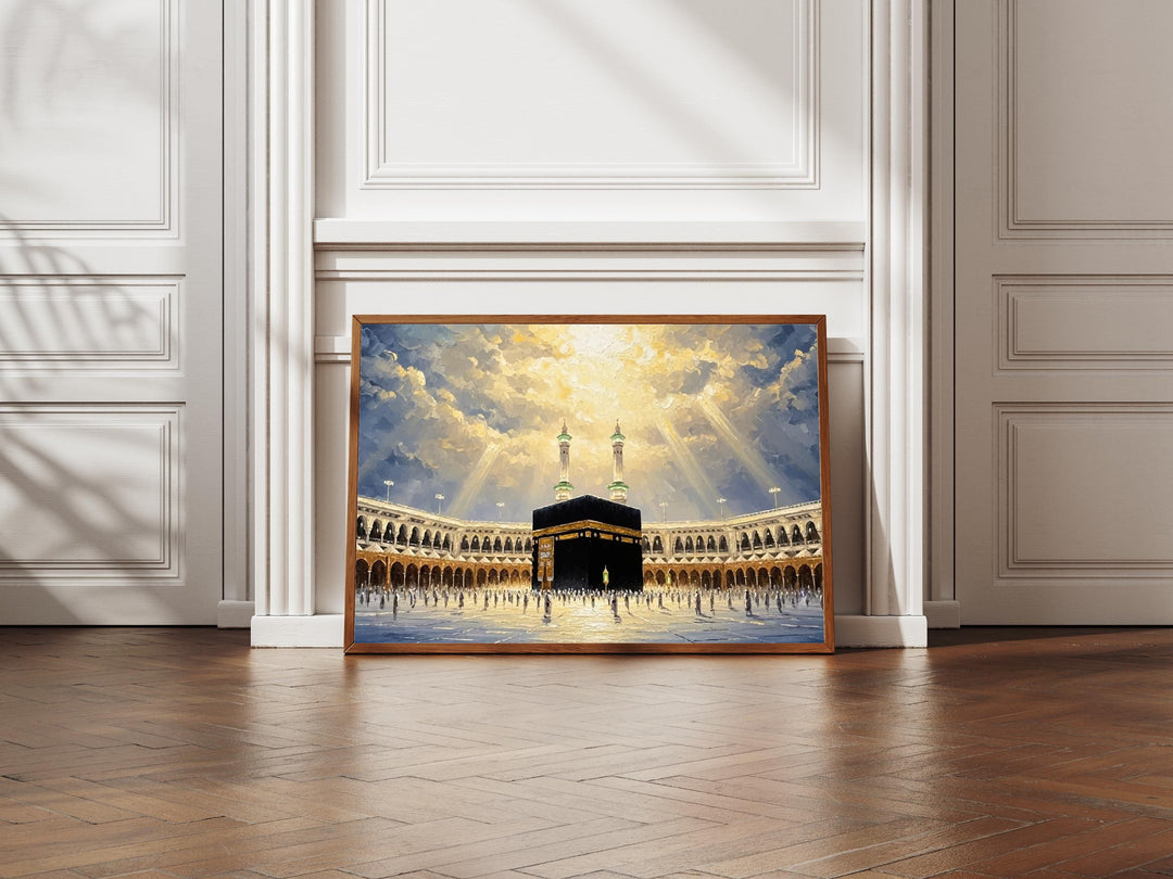 Close-up of oil painting texture on Mecca-inspired wall art