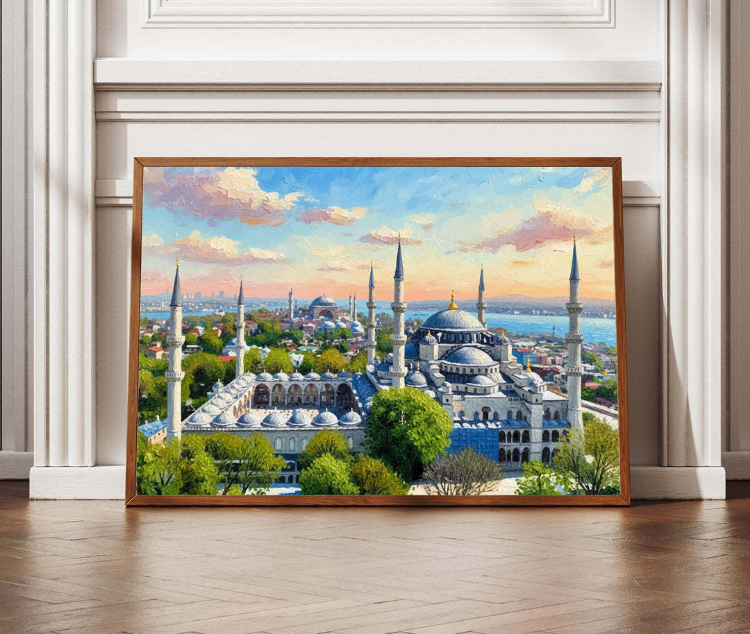 Blue Mosque exterior with domes and minarets in oil painting style wall art poster