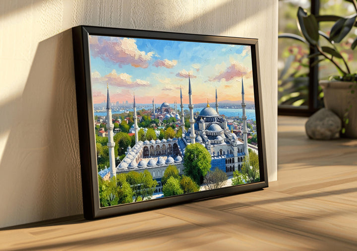 Ottoman architecture-inspired Blue Mosque wall art poster with blue domes