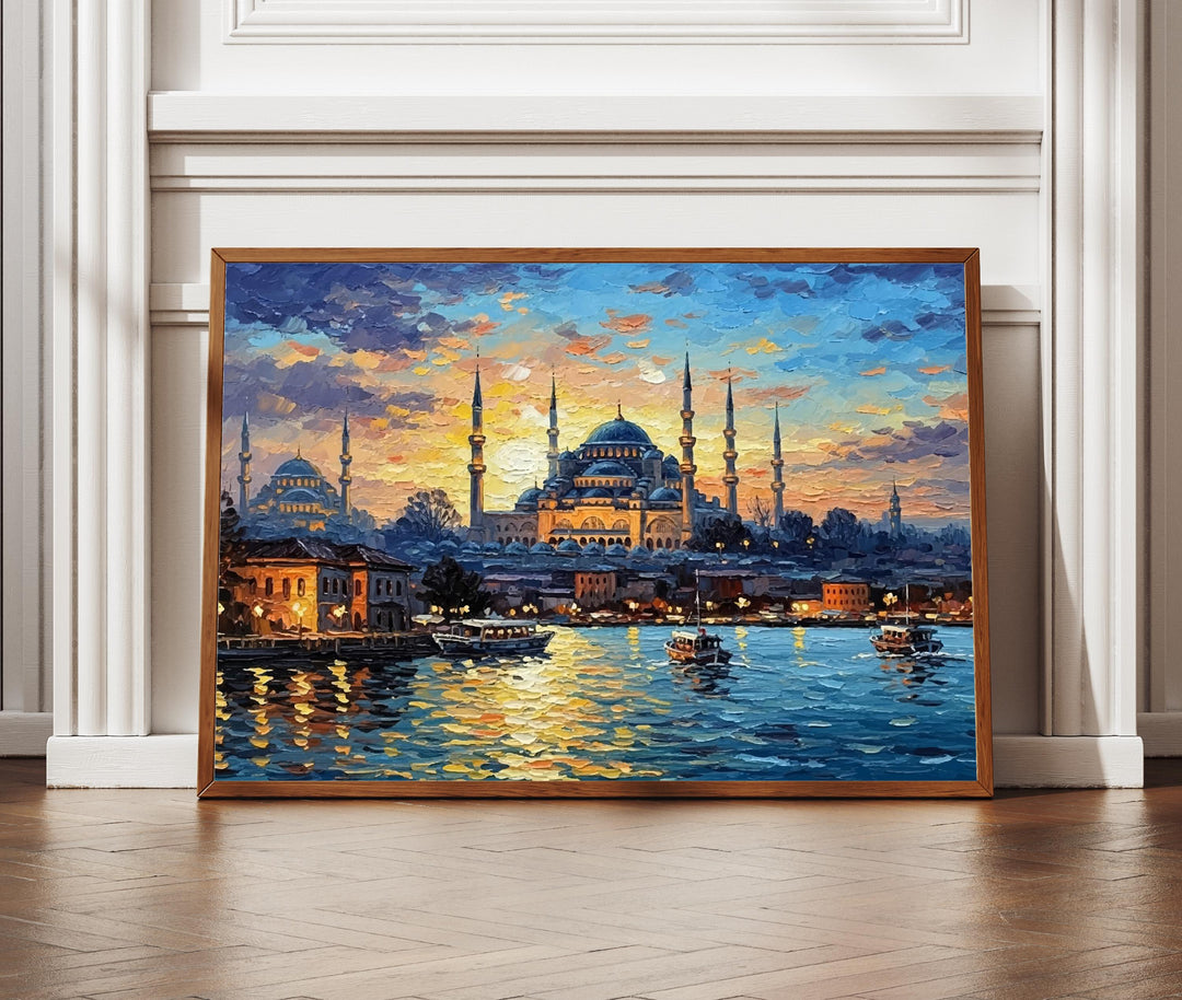 Blue Mosque poster with Bosphorus view and Istanbul skyline