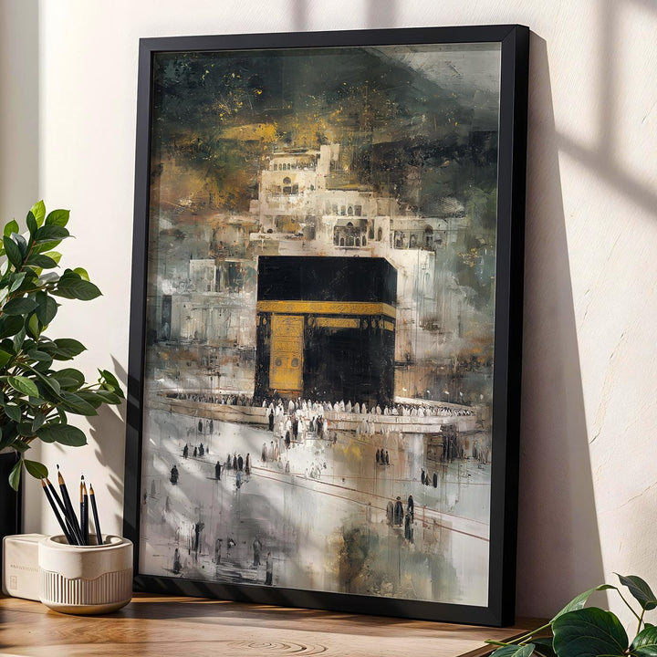 Kaaba abstract Islamic wall art on black background, minimalist sacred architecture