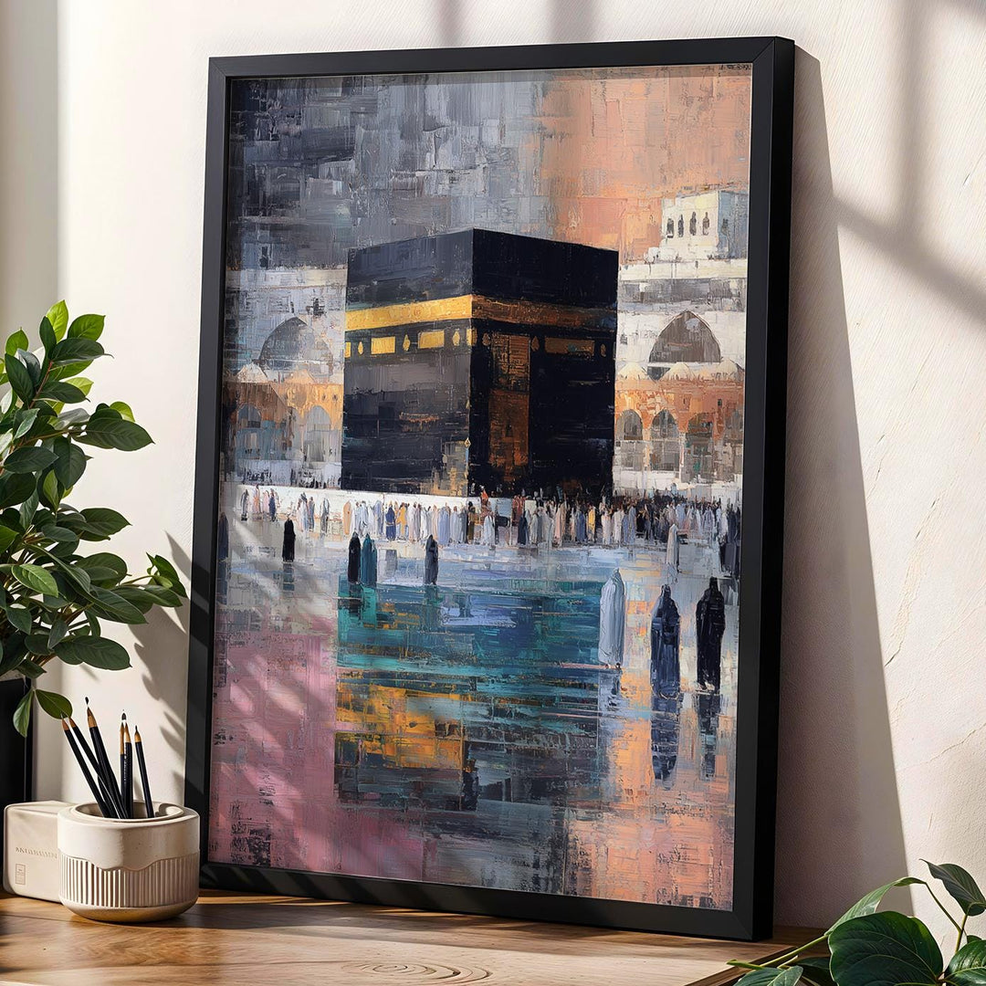 Kaaba Islamic wall art - modern abstract painting of sacred mosque on canvas