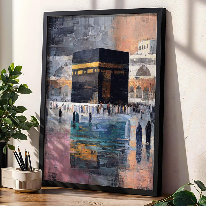 Kaaba Islamic wall art - modern abstract painting of sacred mosque on canvas
