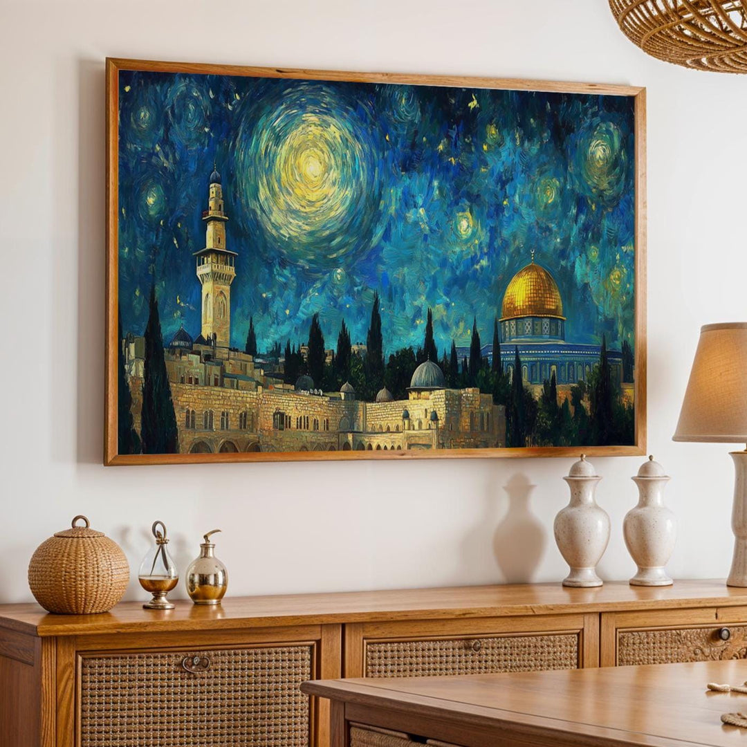 Gallery-wrapped canvas wall art of a moonlit Masjid at night