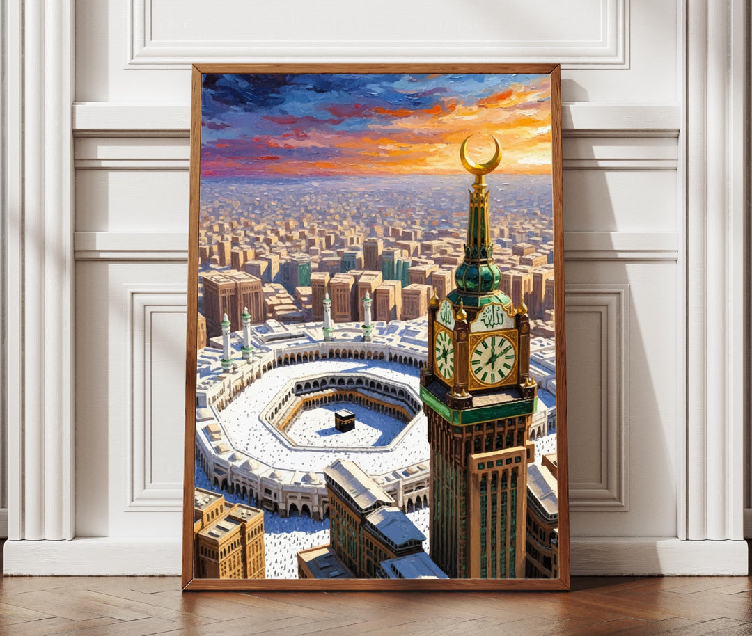 Kaaba and Clock Tower wall art in oil painting style on canvas